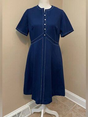 Vintage 1960s Toni Todd Navy A-Line Dress White Stitch Pearl Buttons M